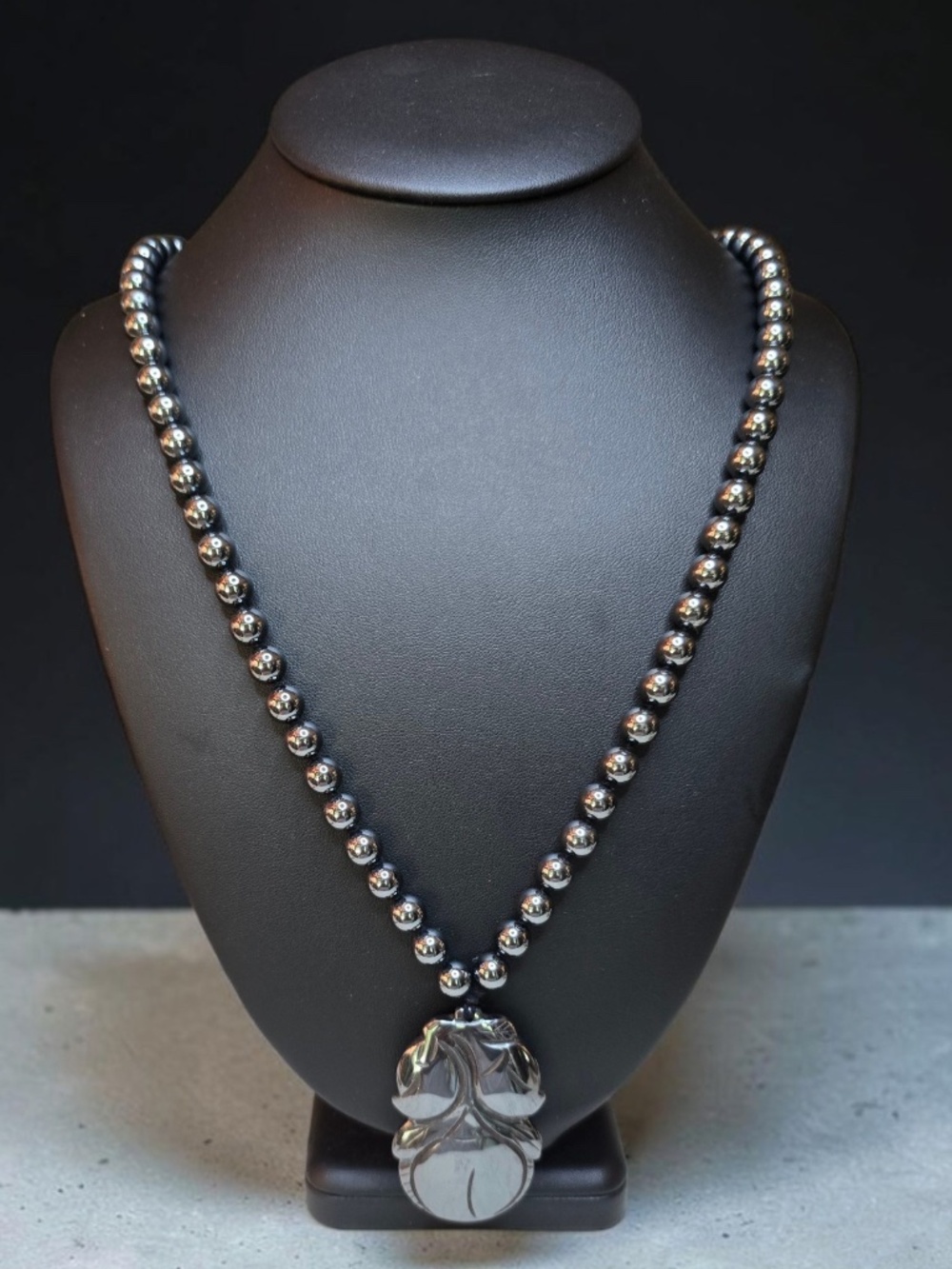 Vintage Carved Hematite Peach Pendant and Bead Necklace